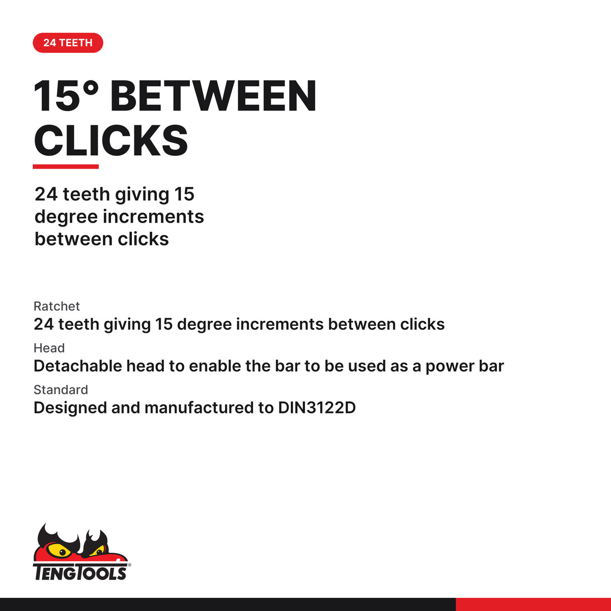 Teng Tools M1100 1 Inch Drive Ratchet Wrench, 24 teeth giving 15 degree increments between clicks