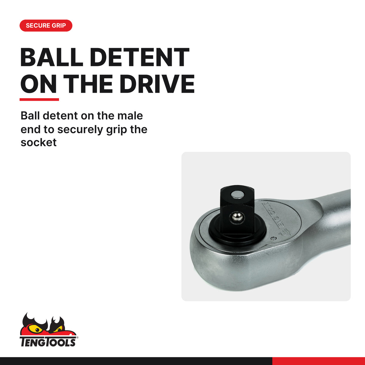 Teng Tools M1100 1 Inch Drive Ratchet Wrench, ball detent on the male end to securely grip the socket