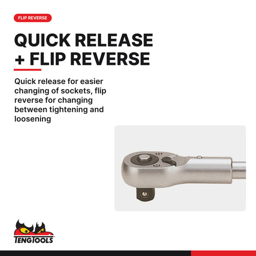 Teng Tools M1100 1 Inch Drive Ratchet Wrench, quick release for easier changing of sockets, flip reverse for changing