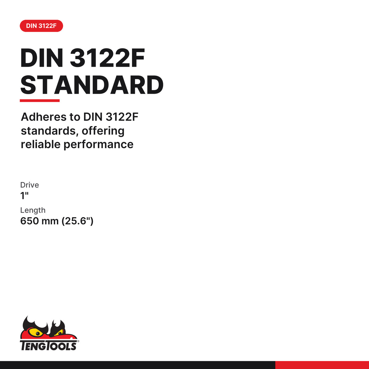Teng Tools M110070 1 Inch Drive Breaker Bar, 650 mm (25.6 inch) Flex, adheres to DIN 3122F standards, offering reliable