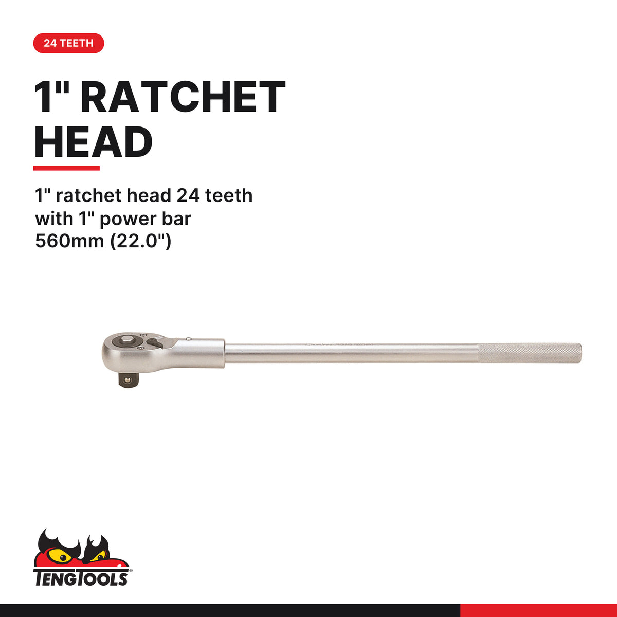 Teng Tools M1115MM 1" Socket Set 12 pt 15 Pieces, 1" ratchet head 24 teeth with 1" power bar 560mm (22.0")