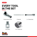 Teng Tools M1115MM 1" Socket Set 12 pt 15 Pieces, every tool in the set