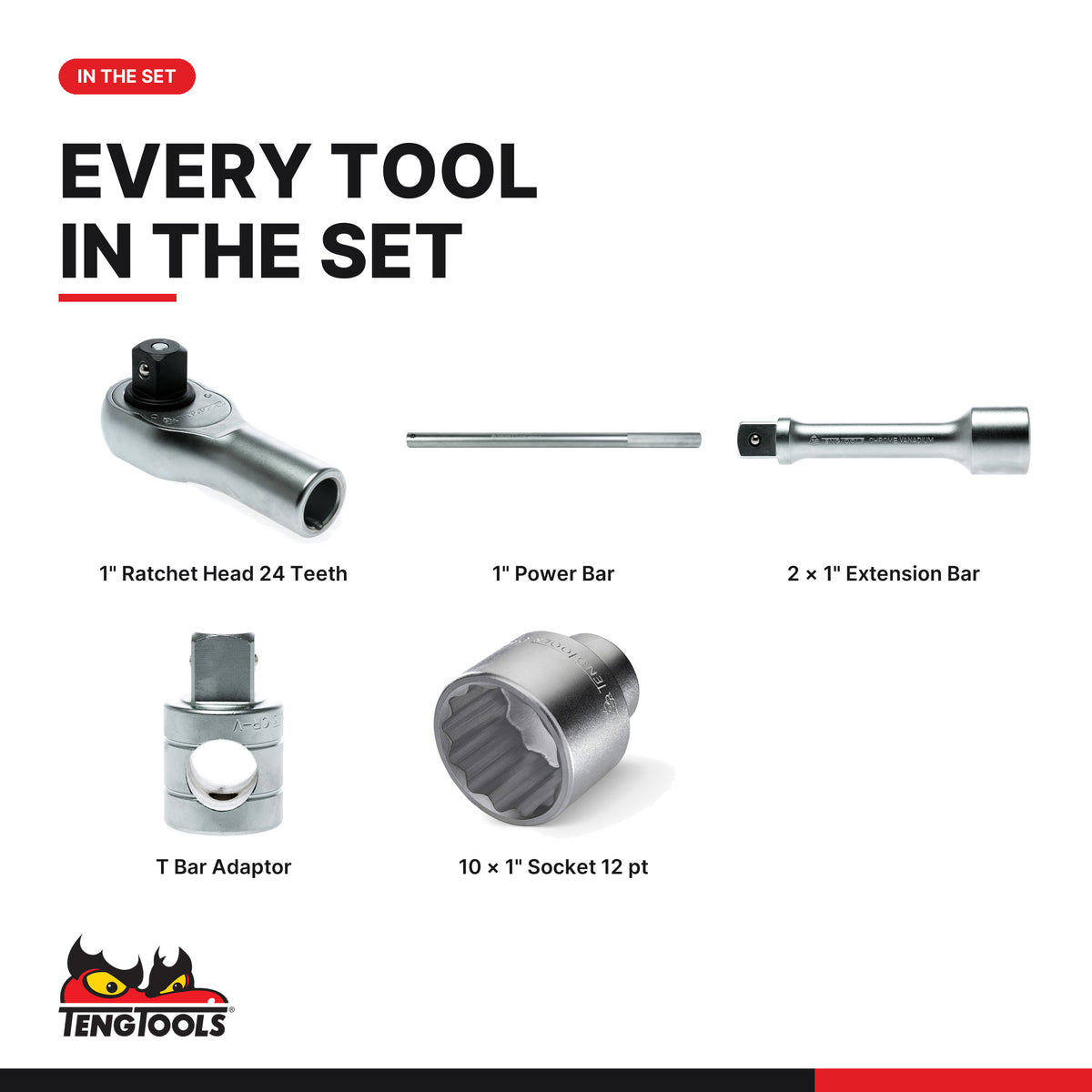 Teng Tools M1115MM 1" Socket Set 12 pt 15 Pieces, every tool in the set