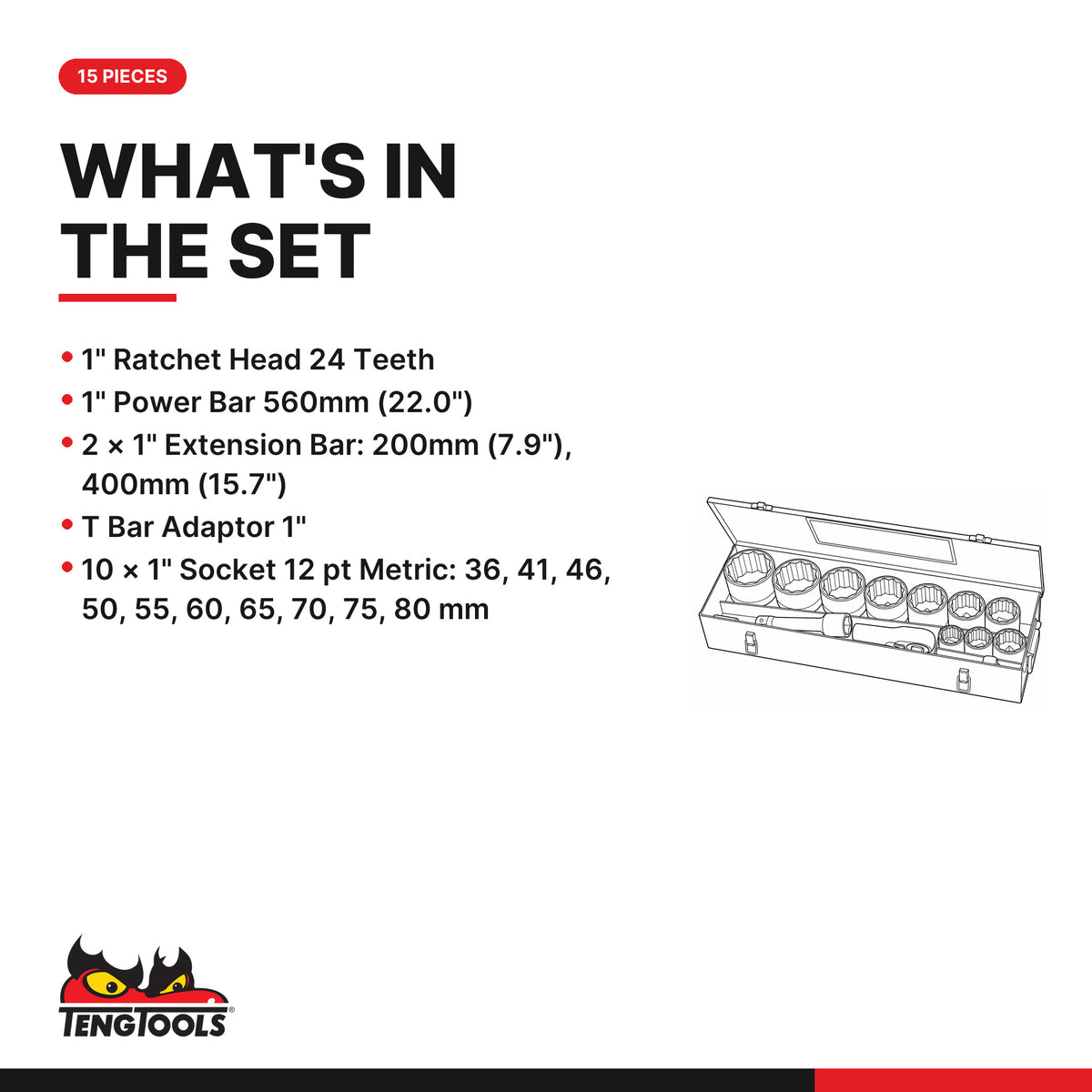 Teng Tools M1115MM 1" Socket Set 12 pt 15 Pieces, what's in the set