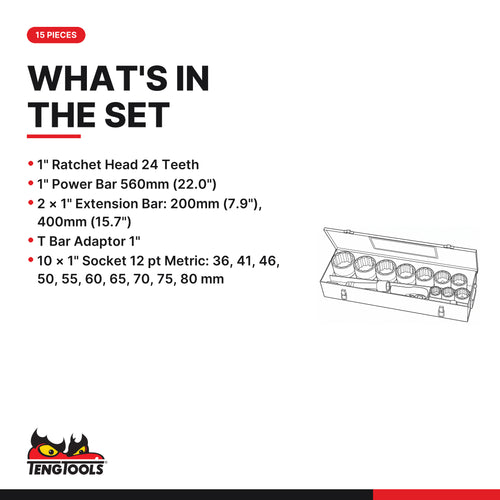 Teng Tools M1115MM 1" Socket Set 12 pt 15 Pieces, what's in the set