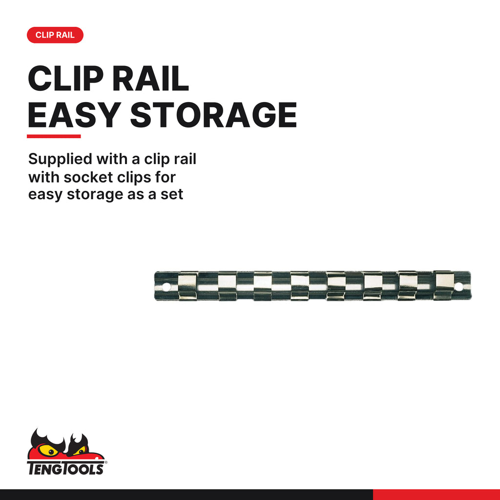 Teng Tools M1207 1/2" Deep Socket Clip Rail Set 12 pt 8 Pieces, supplied with a clip rail with socket clips for easy storage