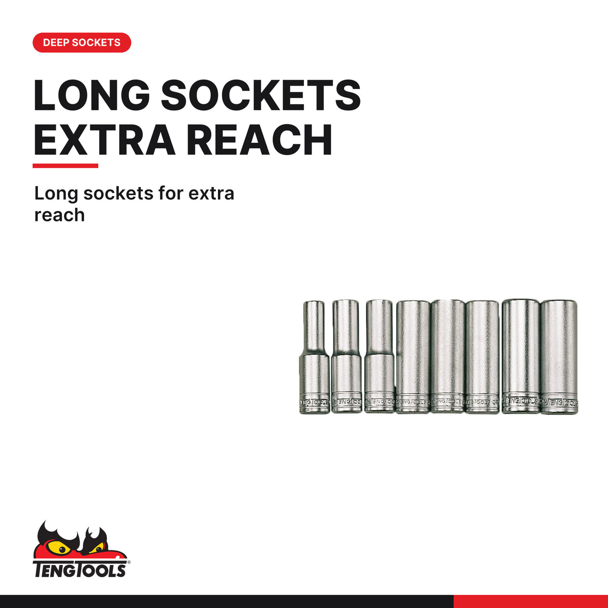 Teng Tools M1207 1/2" Deep Socket Clip Rail Set 12 pt 8 Pieces, long sockets for extra reach