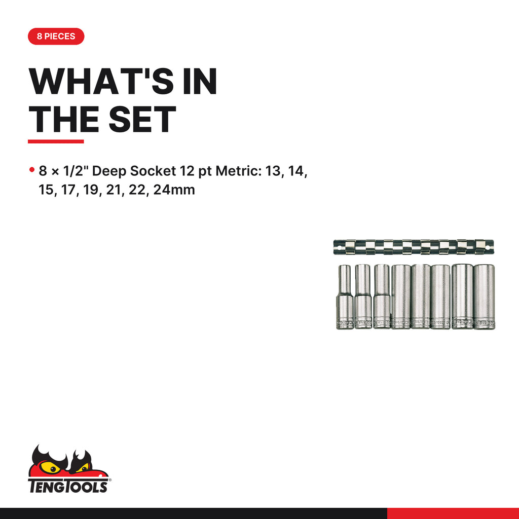 Teng Tools M1207 1/2" Deep Socket Clip Rail Set 12 pt 8 Pieces, what's in the set