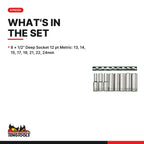 Teng Tools M1207 1/2" Deep Socket Clip Rail Set 12 pt 8 Pieces, what's in the set