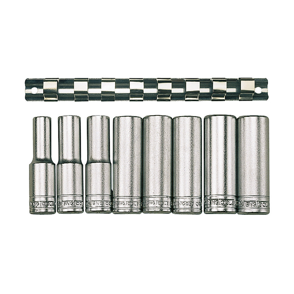 Teng Tools M1207 1/2" Deep Socket Clip Rail Set 12 pt 8 Pieces on a white background