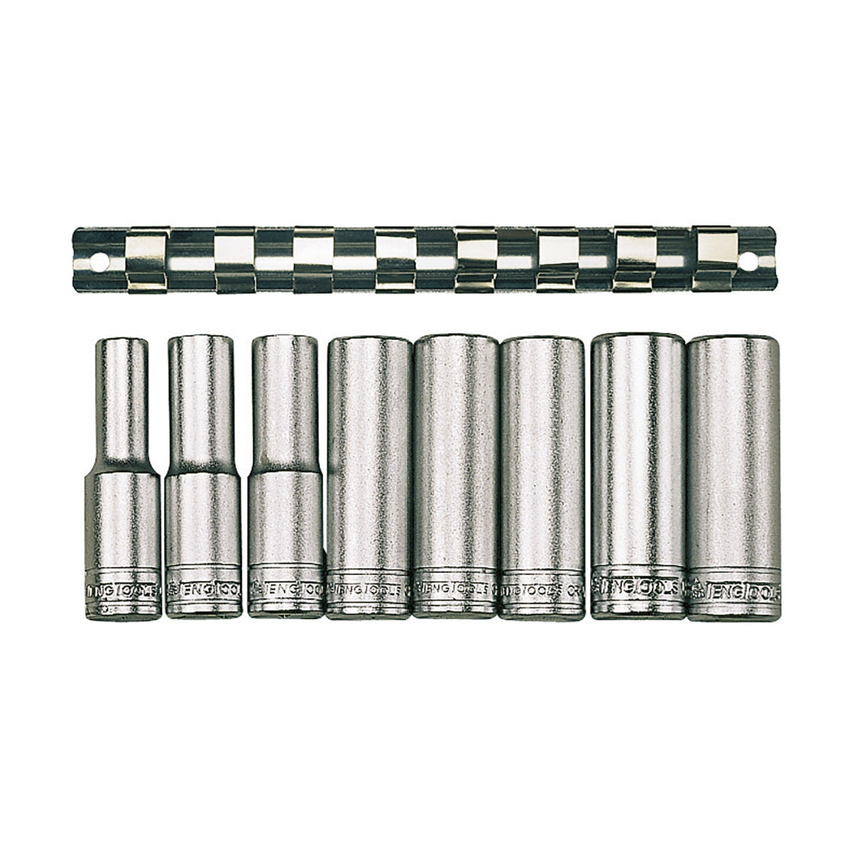 Teng Tools M1207 1/2" Deep Socket Clip Rail Set 12 pt 8 Pieces on a white background