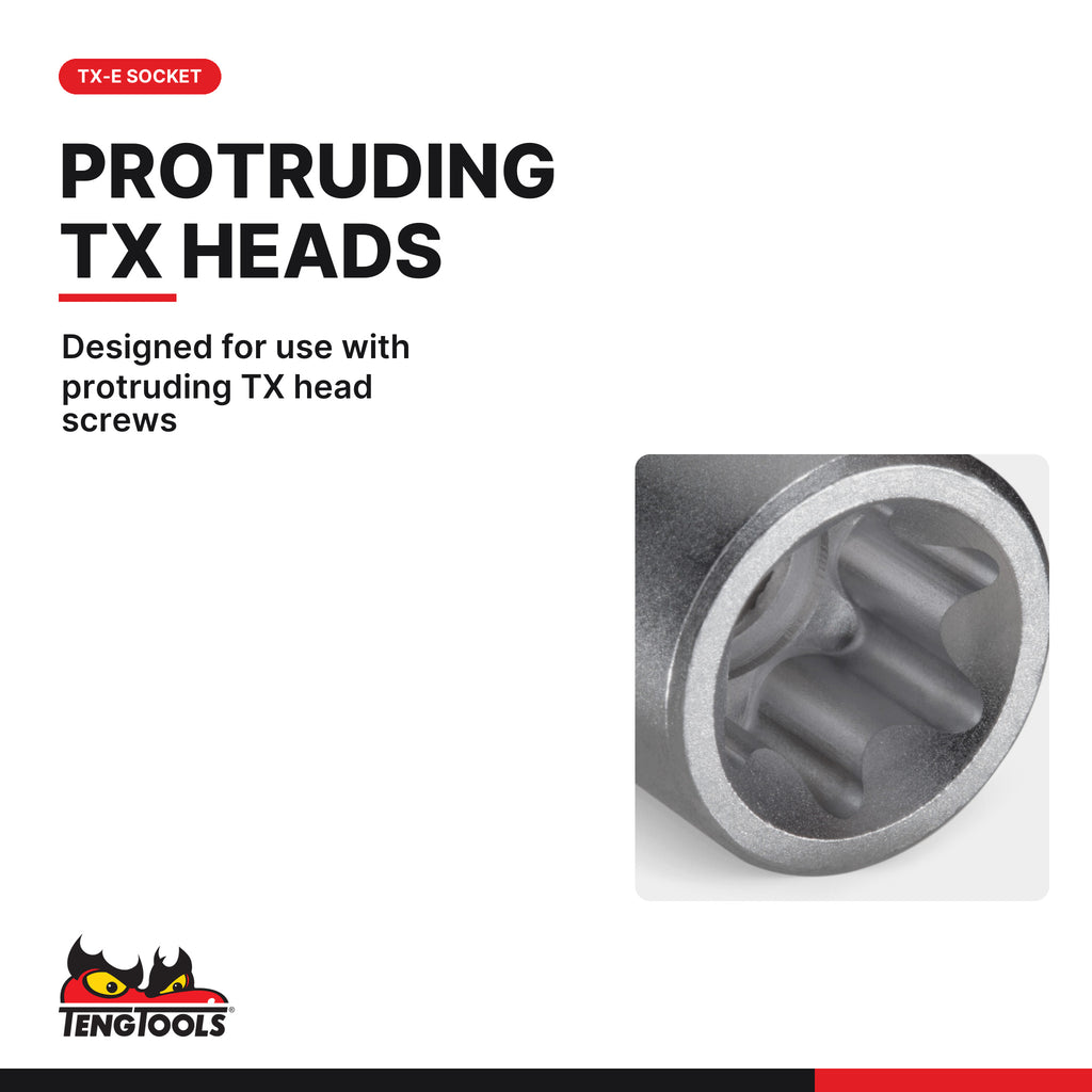 Teng Tools M120722-C 1/2 Inch Drive E22 E-Torx Socket, TX-E External, designed for use with protruding TX head screws