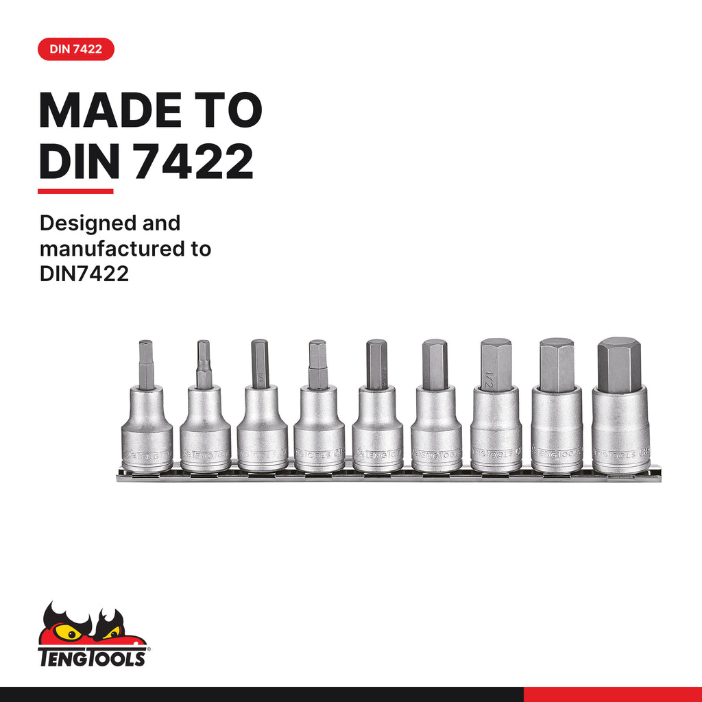 Teng Tools M1209AF 1/2" Hex Bit Socket Clip Rail Set AF 9 Pieces, designed and manufactured to DIN7422