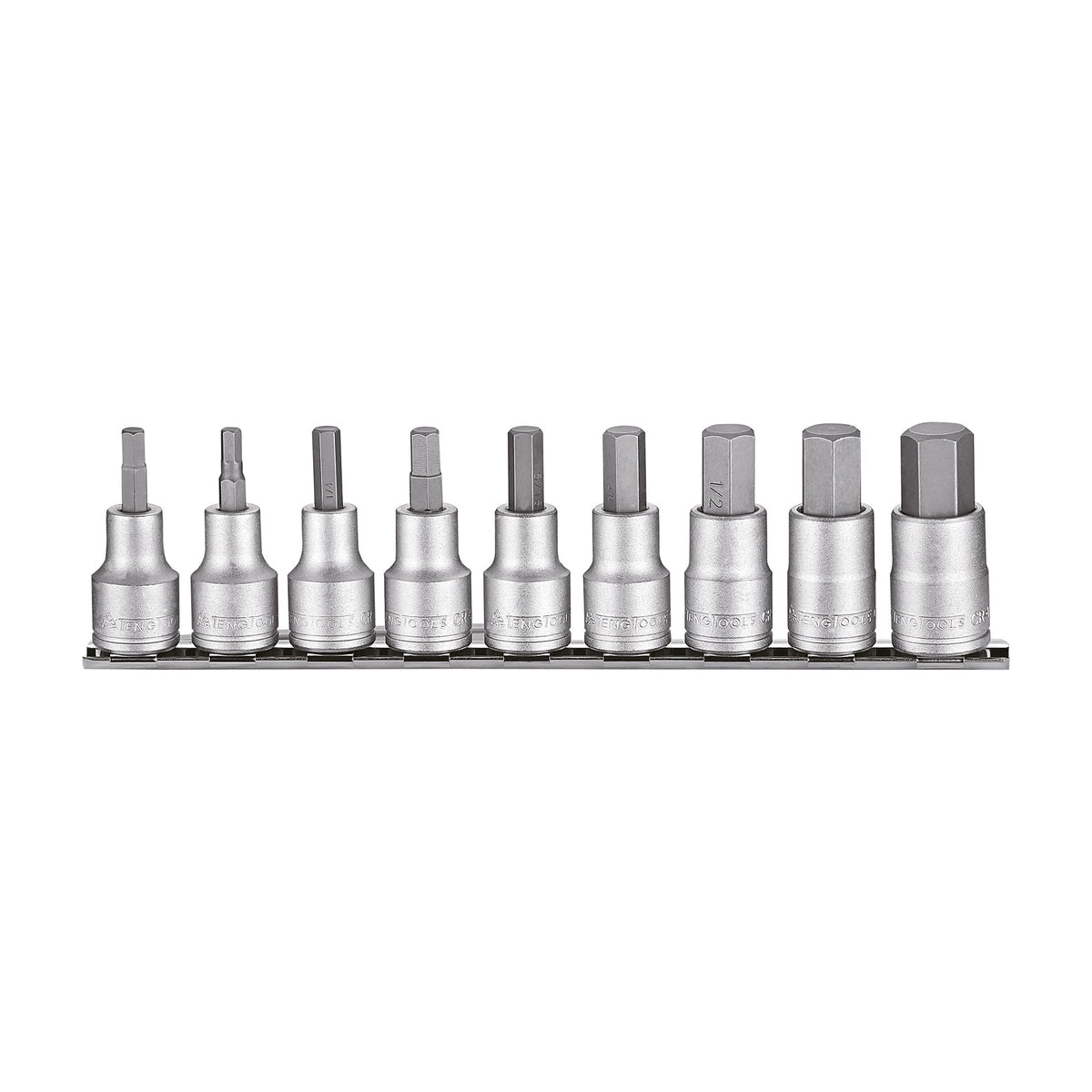 Teng Tools M1209AF 1/2" Hex Bit Socket Clip Rail Set AF 9 Pieces on a white background