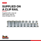 Teng Tools M1210 1/2" TX-E Socket Clip Rail Set 9 Pieces, supplied with a clip rail with socket clips for easy storage as a