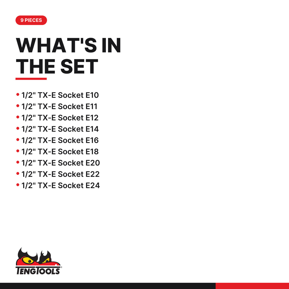 Teng Tools M1210 1/2" TX-E Socket Clip Rail Set 9 Pieces, what's in the set