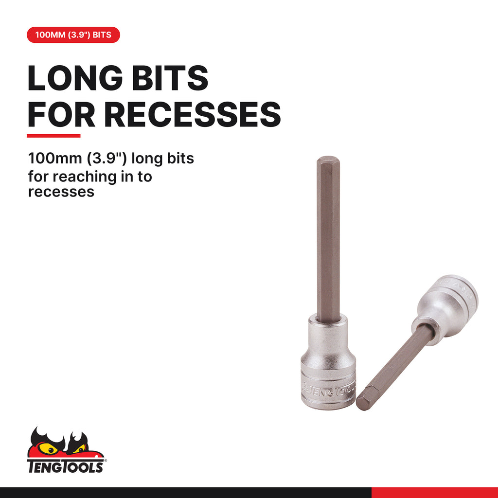 Teng Tools M1211 1/2" Long Hex Bit Socket Clip Rail Set 6 Pieces, 100mm (3.9") long bits for reaching in to recesses