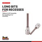 Teng Tools M1211 1/2" Long Hex Bit Socket Clip Rail Set 6 Pieces, 100mm (3.9") long bits for reaching in to recesses