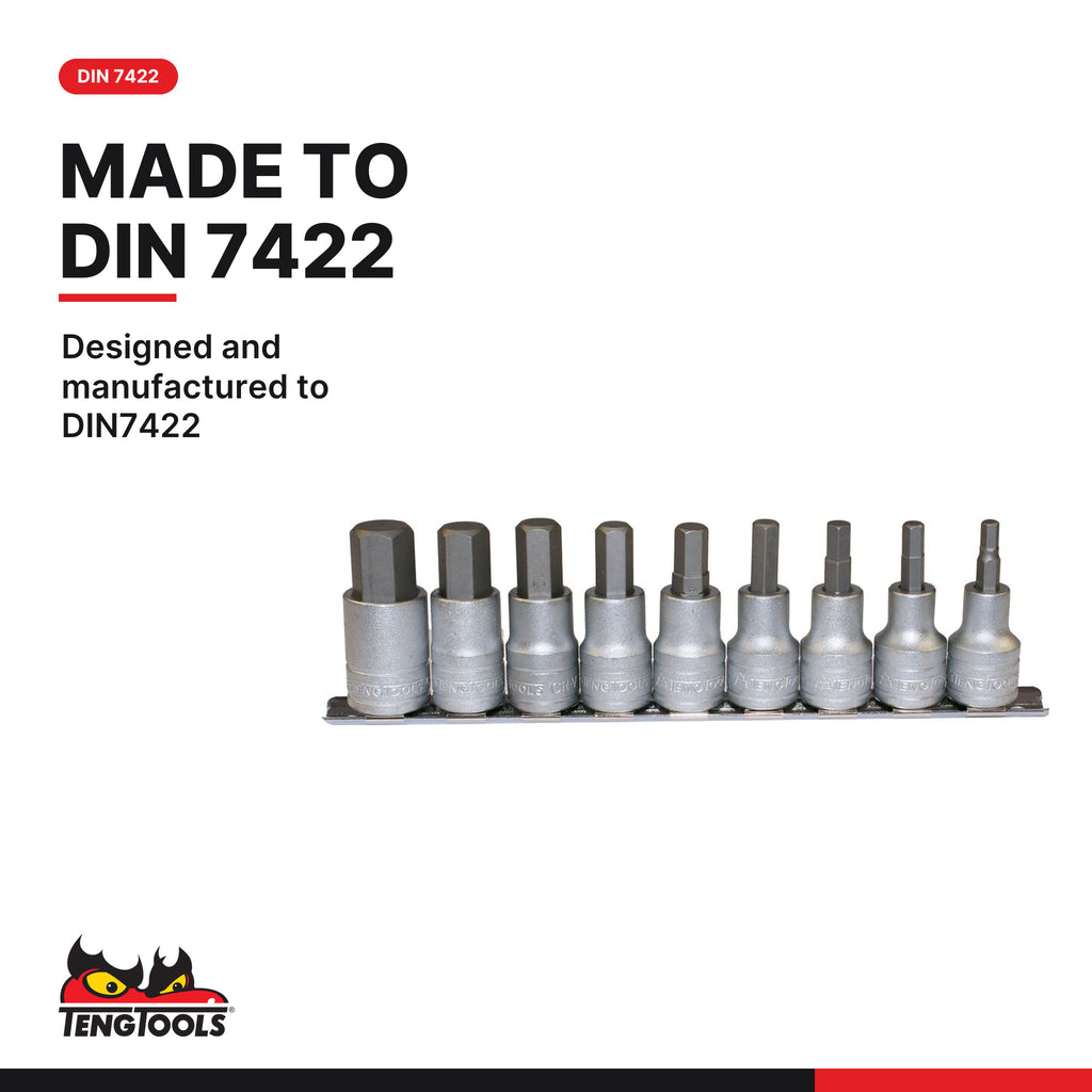 Teng Tools M1212 1/2" Hex Bit Socket Clip Rail Set 9 Pieces, designed and manufactured to DIN7422