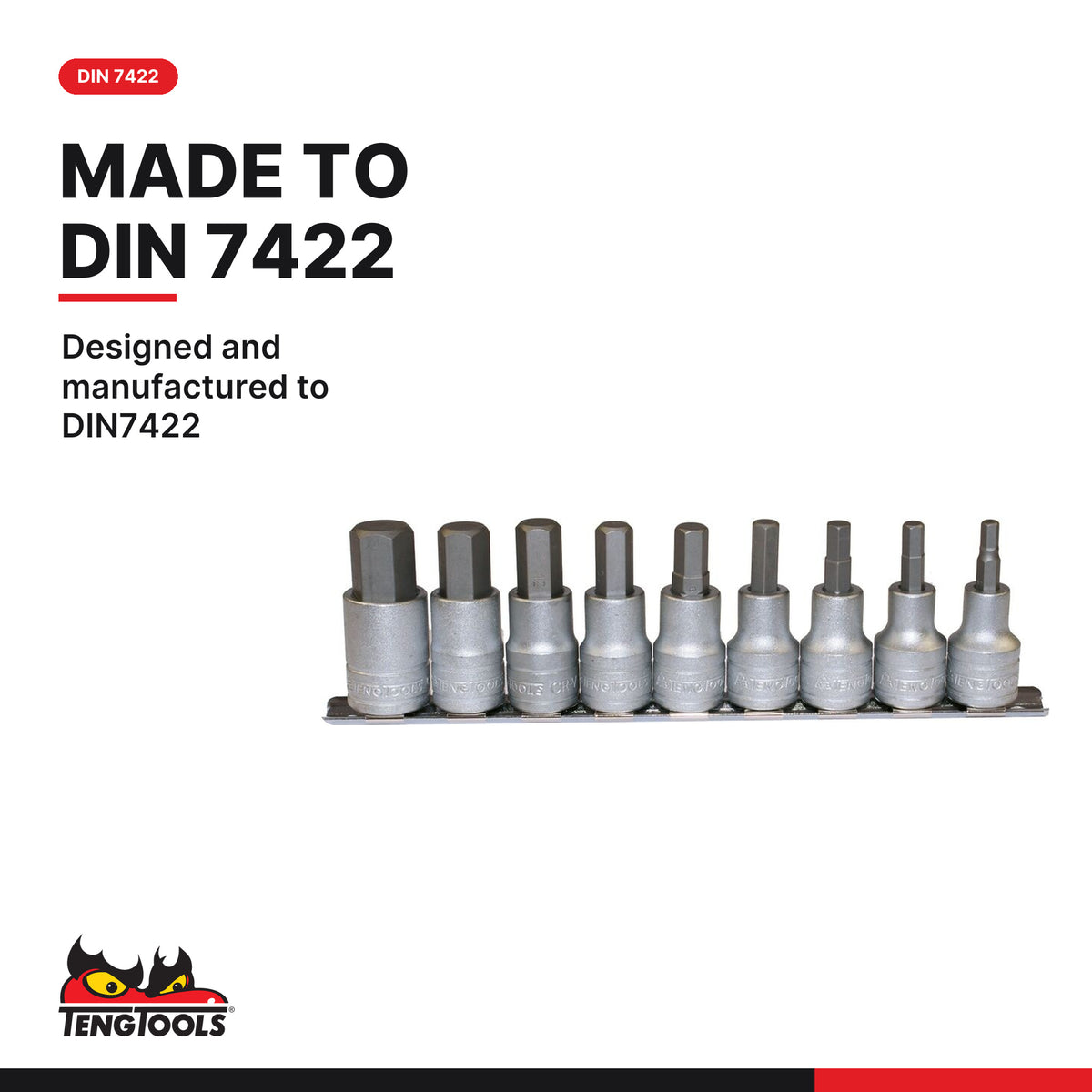 Teng Tools M1212 1/2" Hex Bit Socket Clip Rail Set 9 Pieces, designed and manufactured to DIN7422