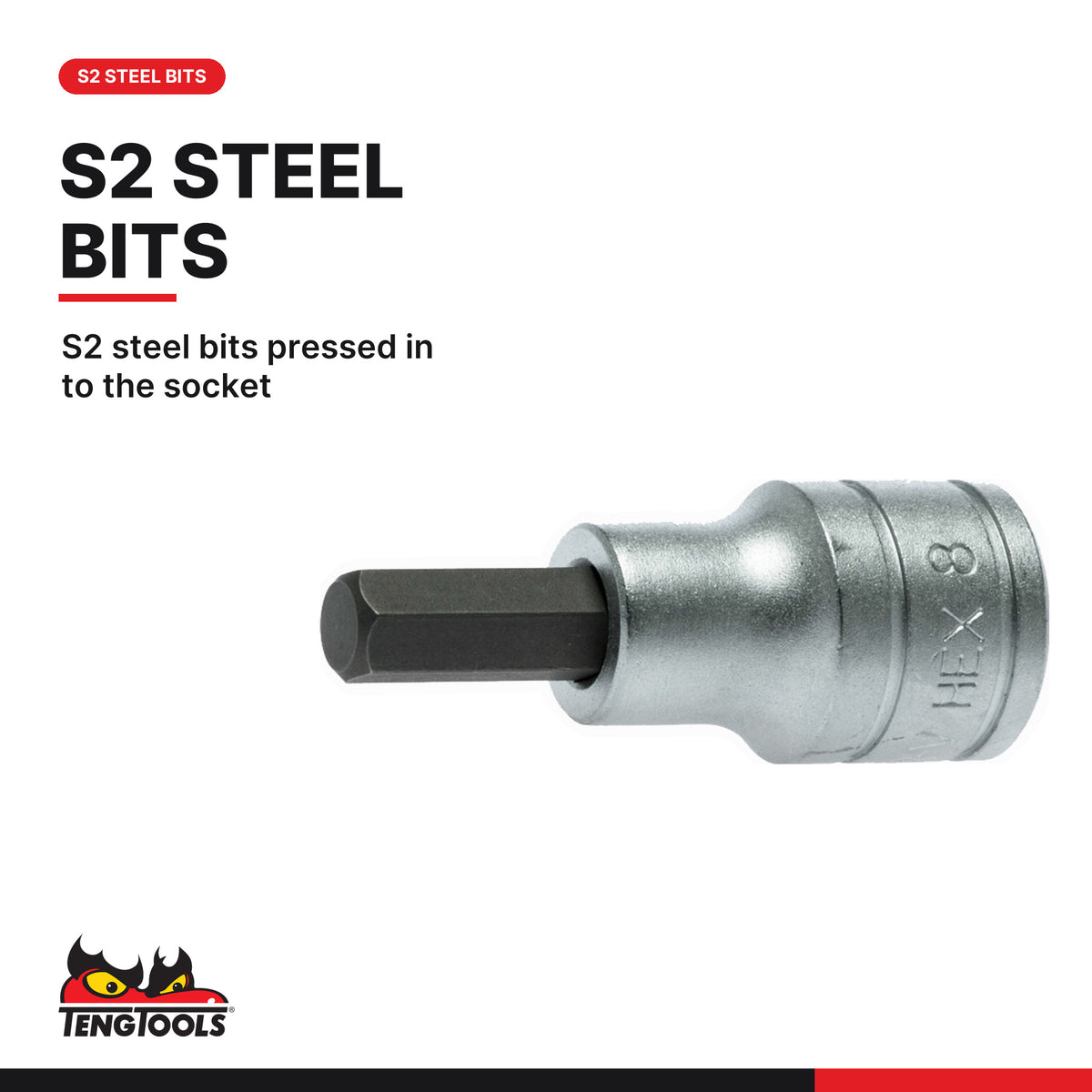 Teng Tools M1212 1/2" Hex Bit Socket Clip Rail Set 9 Pieces, S2 steel bits pressed in to the socket