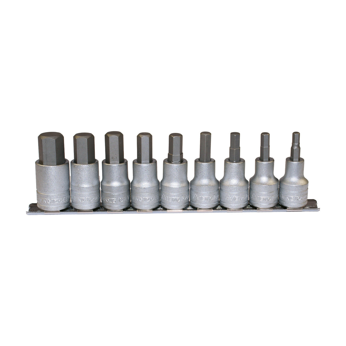 Teng Tools M1212 1/2" Hex Bit Socket Clip Rail Set 9 Pieces on a white background