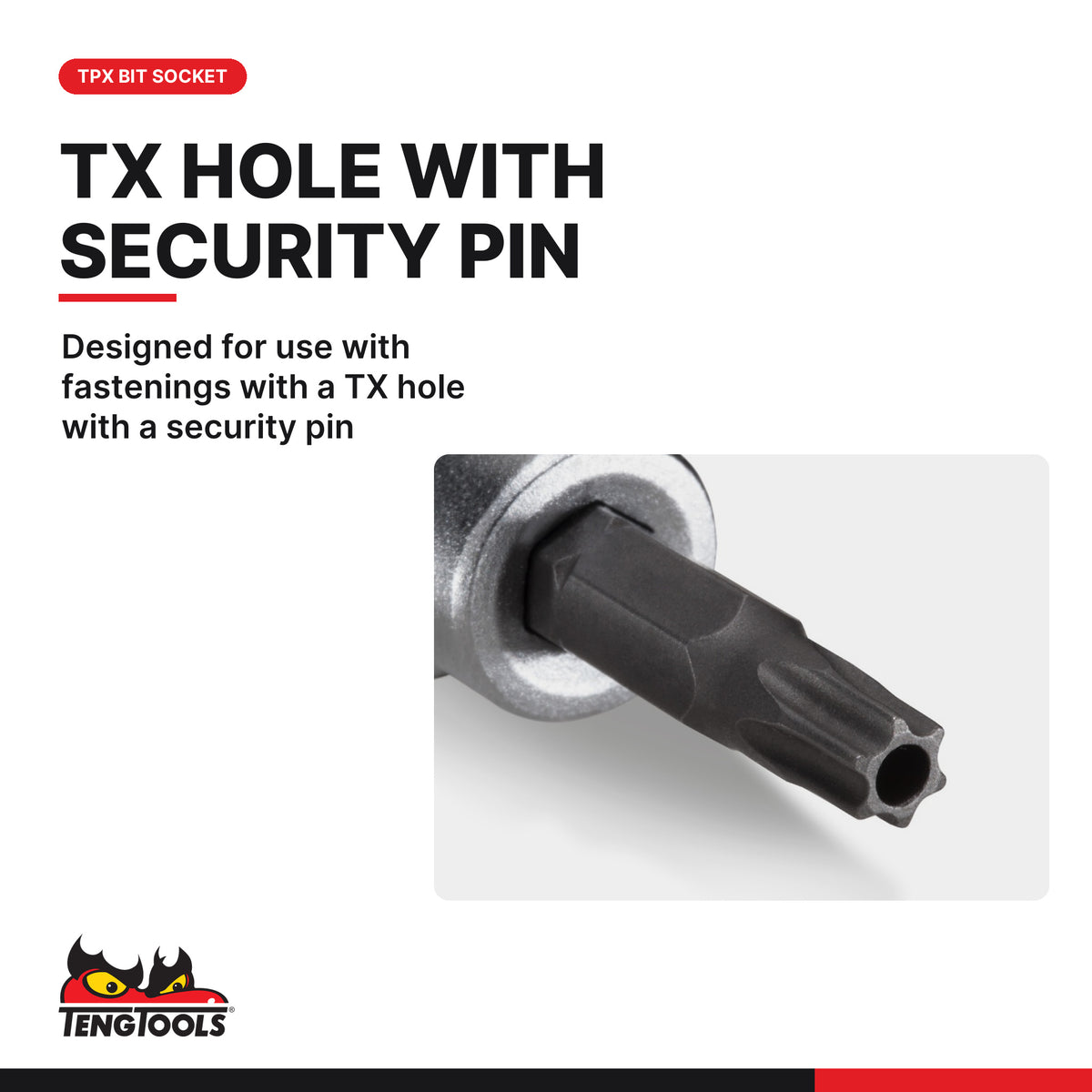 Teng Tools M121260-C 1/2 TPX Bit Socket TPX60, designed for use with fastenings with a TX hole with a security pin
