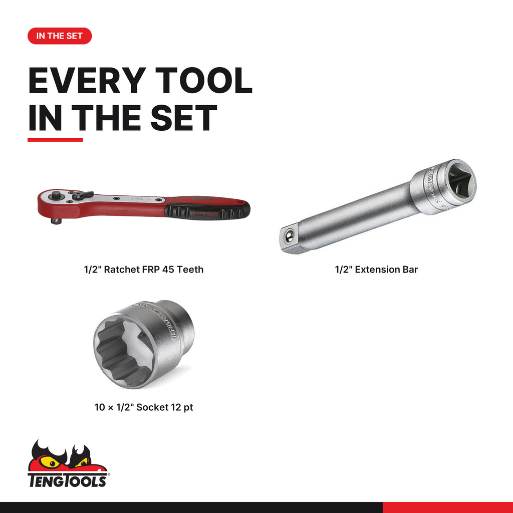 Teng Tools M1212N1 1/2" Socket Set 12 pt 12 Pieces, every tool in the set