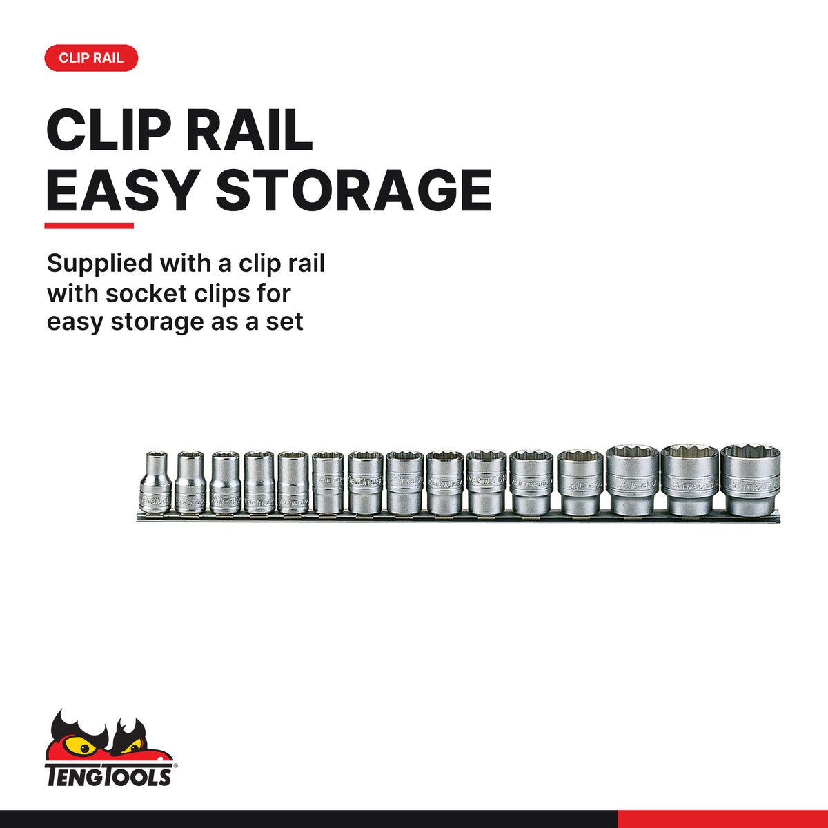 Teng Tools M1215MM 1/2" Socket Clip Rail Set 12 pt 15 Pieces, supplied with a clip rail with socket clips for easy storage