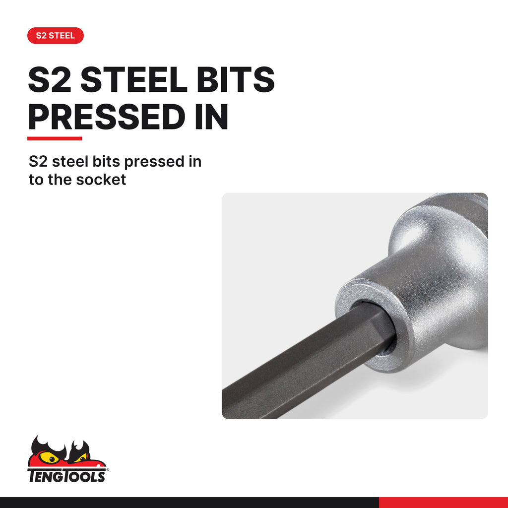 Teng Tools M122220T-C 1/2 Inch Drive Long Torx Bit Socket TX20, 65.5 mm, S2 steel bits pressed in to the socket