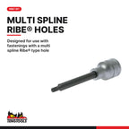 Teng Tools M122704-C 1/2 Inch Drive Long Ribe Bit Socket Size 04, 65 mm, designed for use with fastenings with a multi