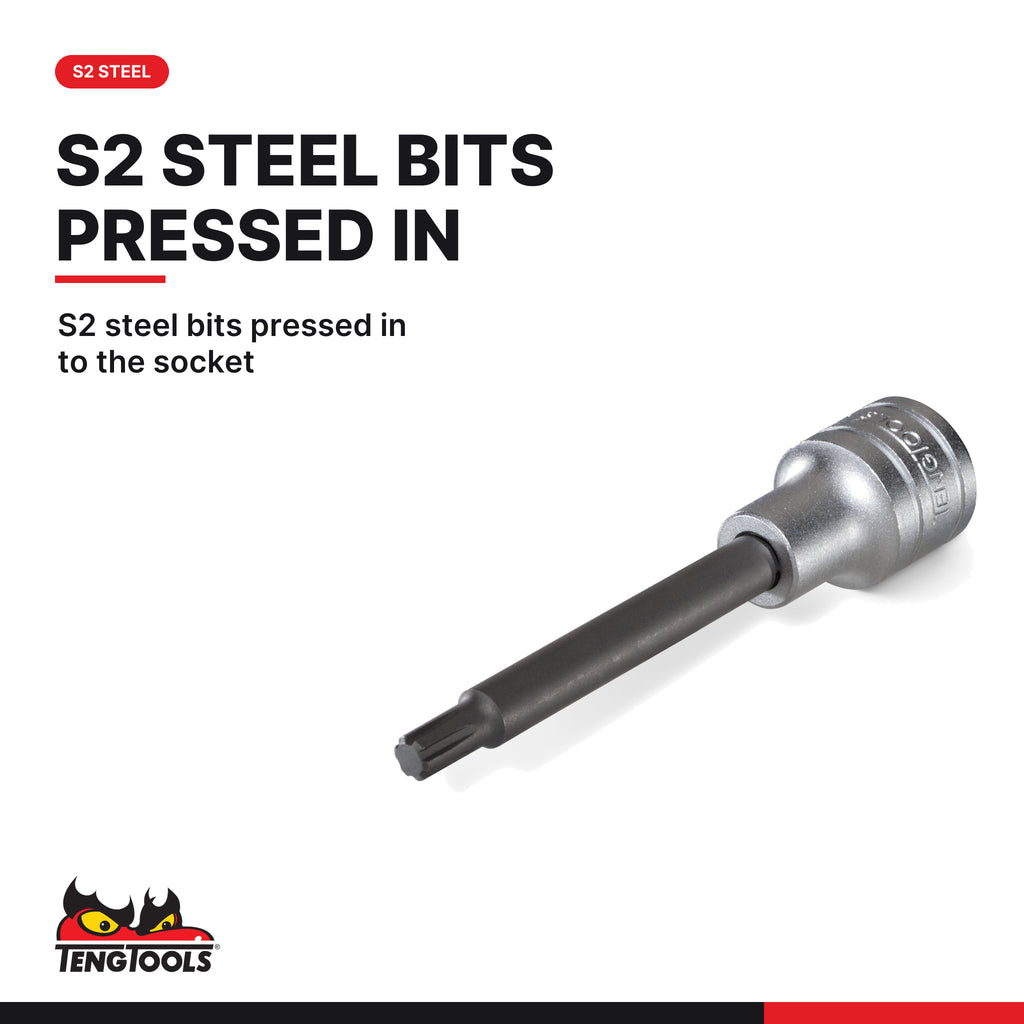 Teng Tools M122704-C 1/2 Inch Drive Long Ribe Bit Socket Size 04, 65 mm, S2 steel bits pressed in to the socket