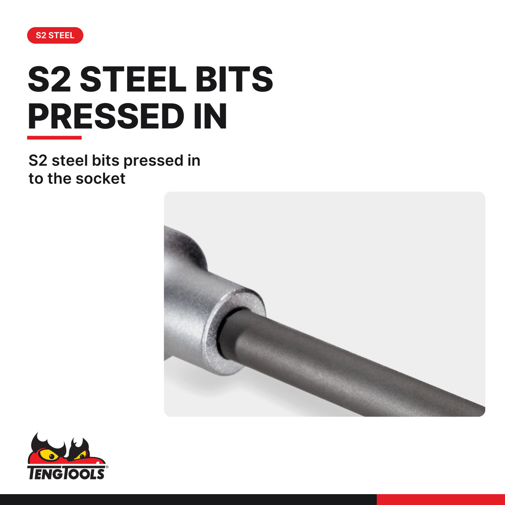 Teng Tools M122704-C 1/2 Inch Drive Long Ribe Bit Socket Size 04, 65 mm, S2 steel bits pressed in to the socket