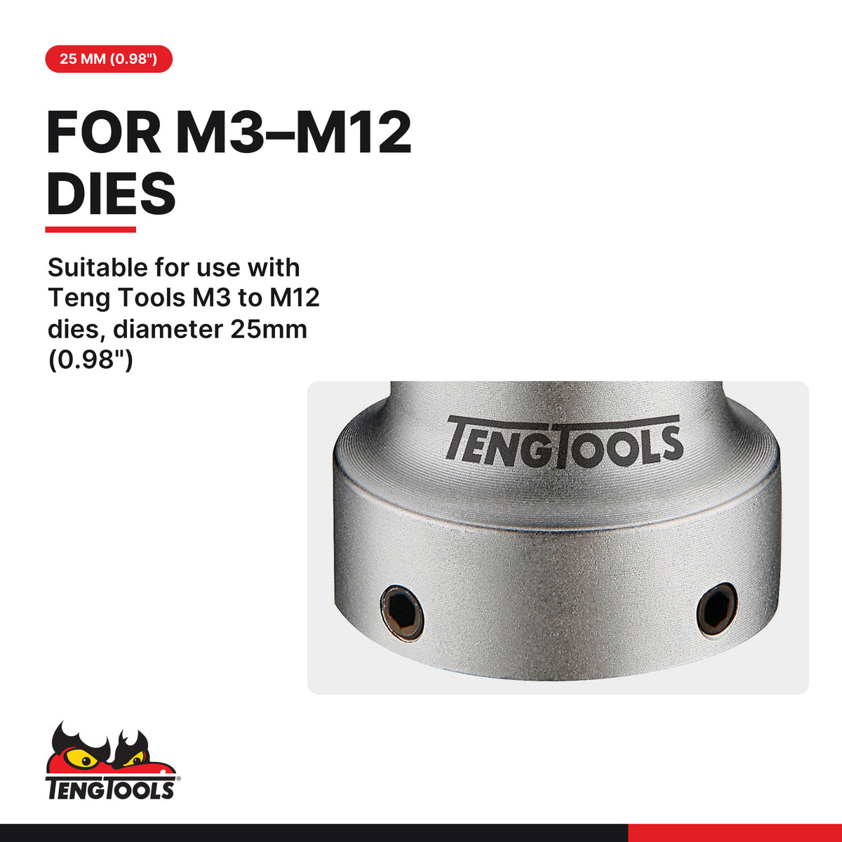 Teng Tools M140070 1/4 Drive Die Chuck for M3 to M12 Round Dies, suitable for use with Teng Tools M3 to M12 dies, diameter