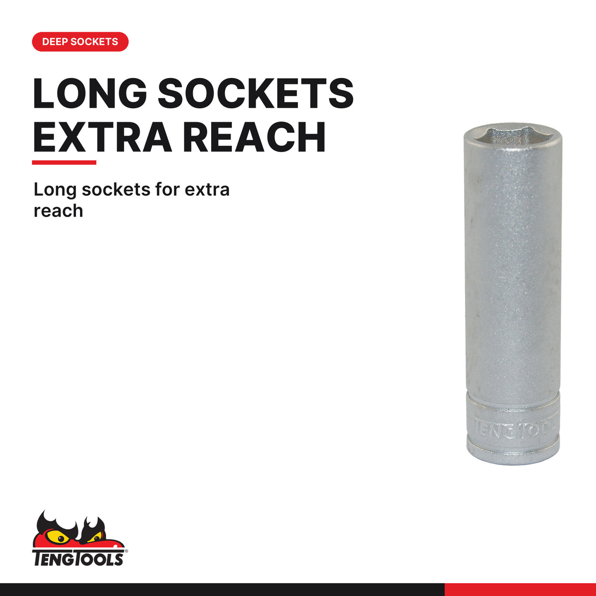 Teng Tools M1407 1/4" Deep Socket Clip Rail Set 6 pt 9 Pieces, long sockets for extra reach