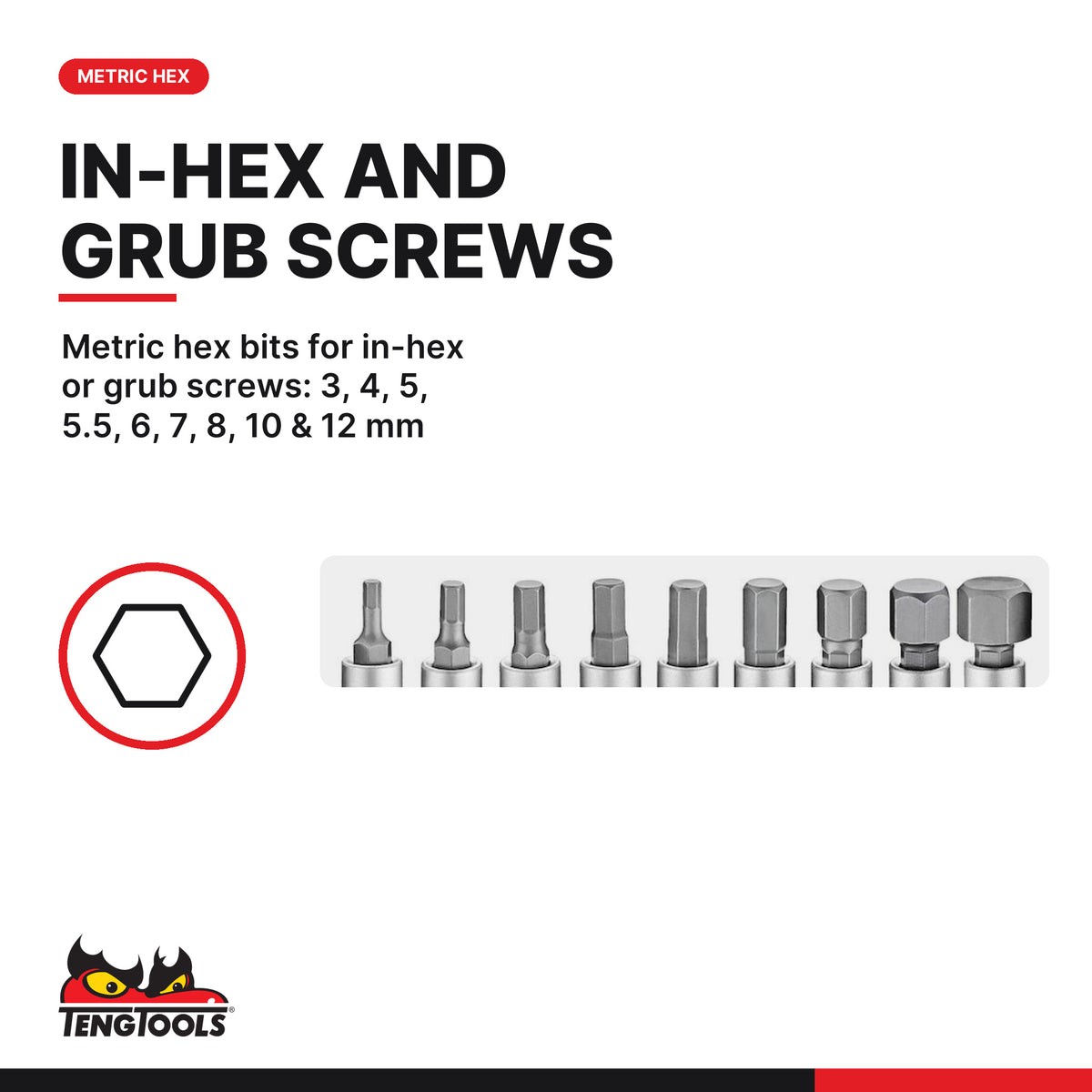 Teng Tools M1409HN 9 Piece 1/4 Inch Drive Metric Hex Chrome Vanadium, metric hex bits for in-hex or grub screws: 3, 4, 5