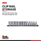 Teng Tools M1412 1/4" Socket Clip Rail Set 6 pt 12 Pieces, clip rail with socket clips for easy storage as a set