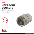 Teng Tools M1412 1/4" Socket Clip Rail Set 6 pt 12 Pieces, hexagonal 1/4" sockets from 4 to 13 mm