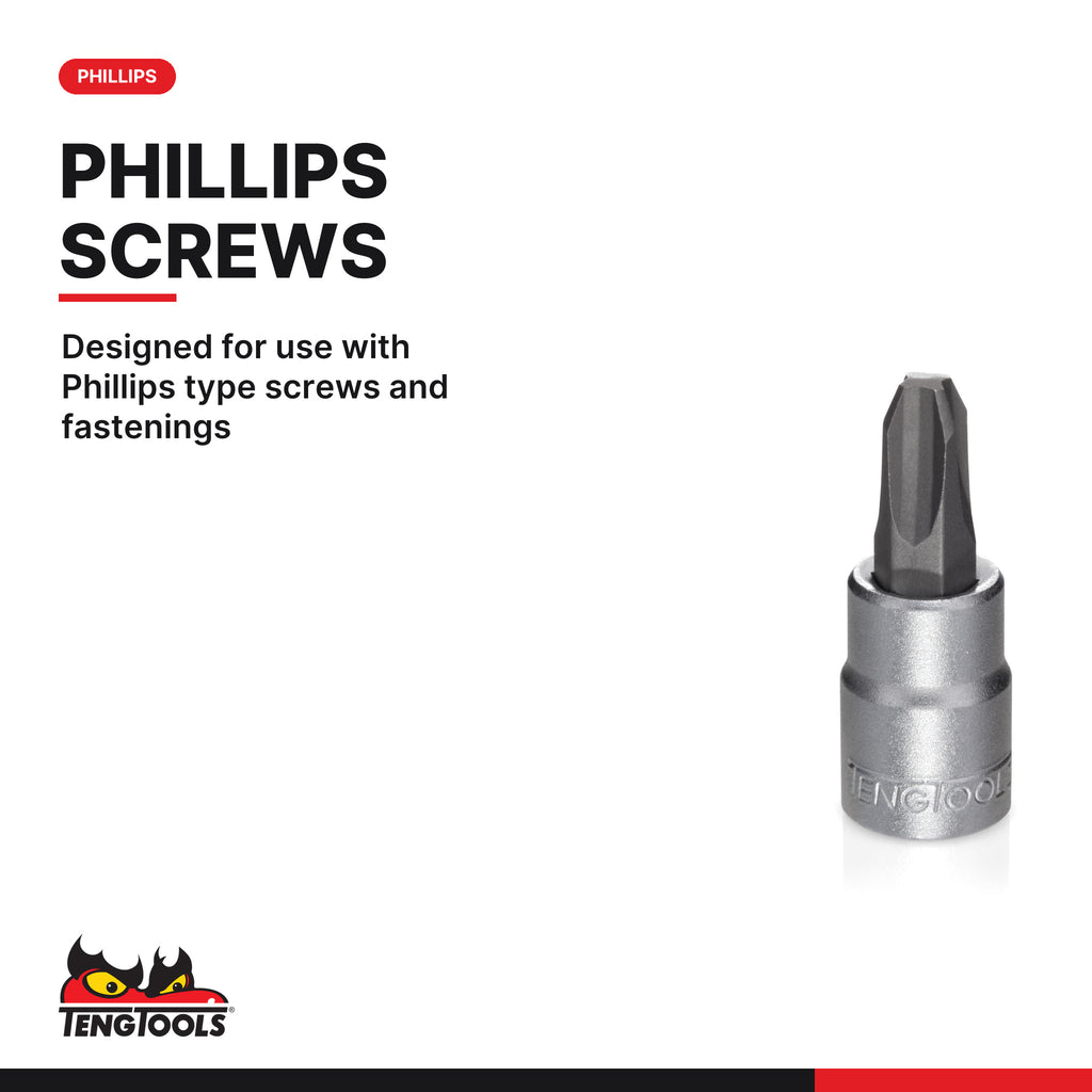 Teng Tools M141301-C 1/4 Inch Drive PH1 Phillips Bit Socket, 15 mm (0.6, designed for use with Phillips type screws and