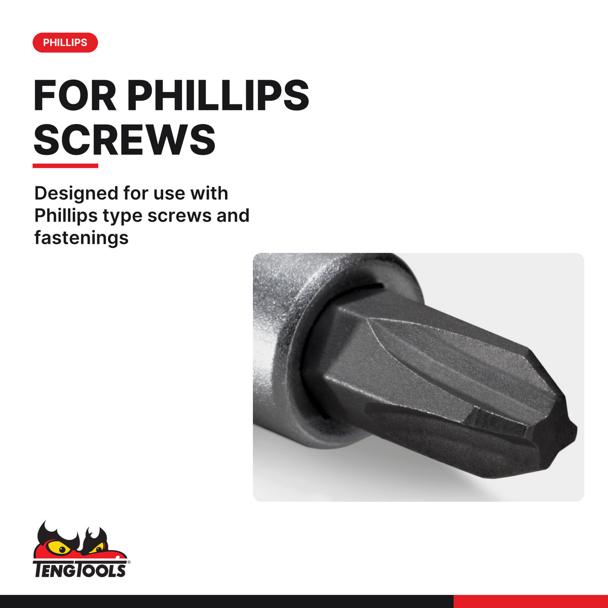 Teng Tools M141302-C 1/4 Drive Phillips Bit Socket PH2, designed for use with Phillips type screws and fastenings