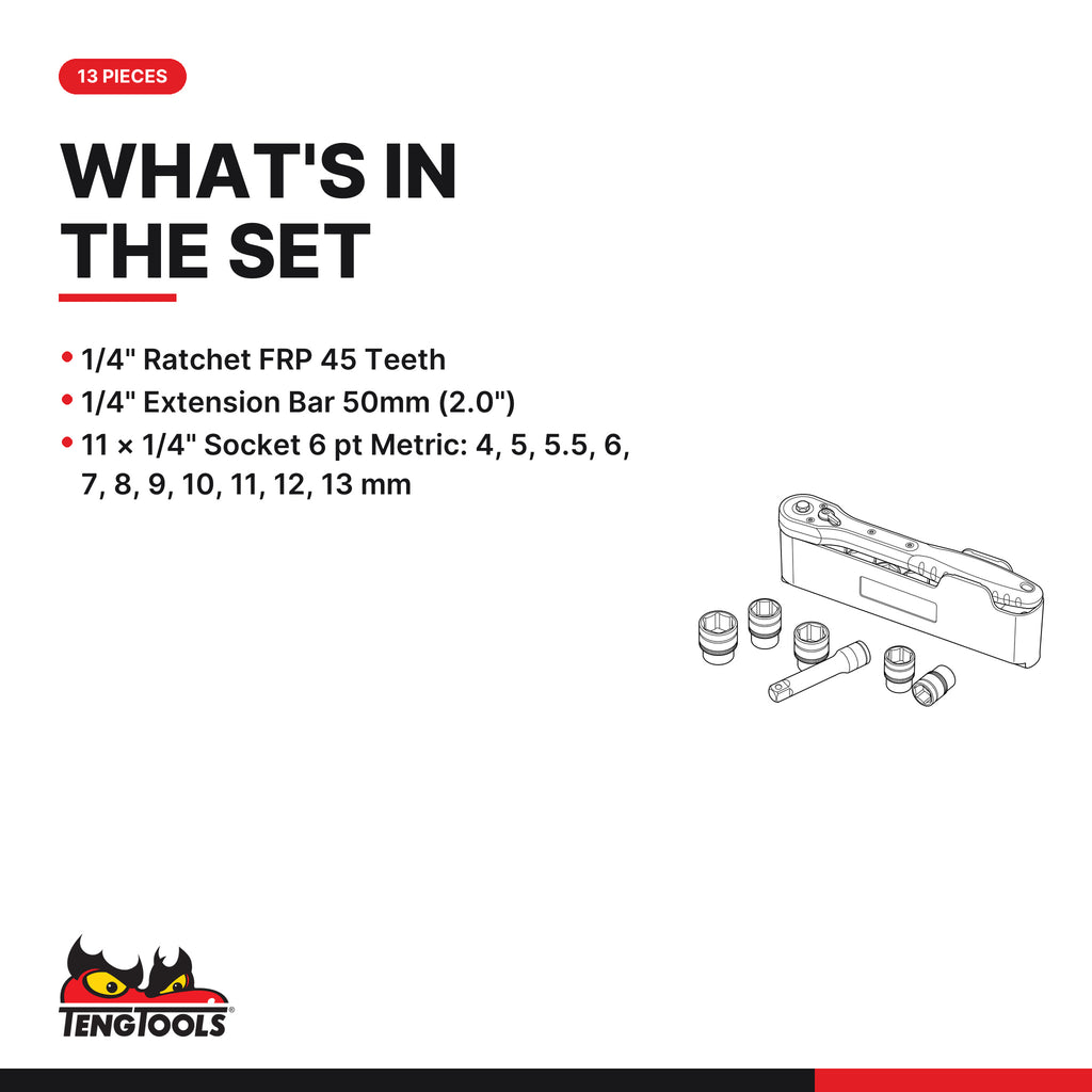 Teng Tools M1413N1 1/4" Socket Set 6 pt 13 Pieces, what's in the tray