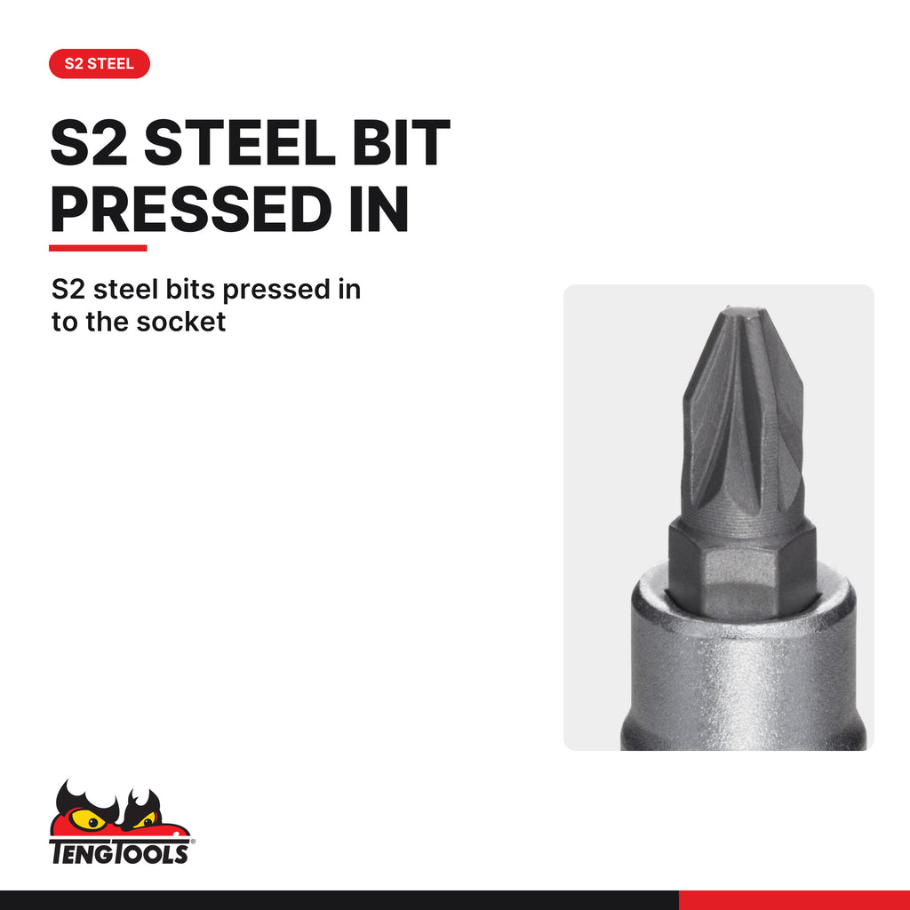 Teng Tools M141601-C 1/4 Drive Pozi Bit Socket PZ1, S2 steel bits pressed in to the socket
