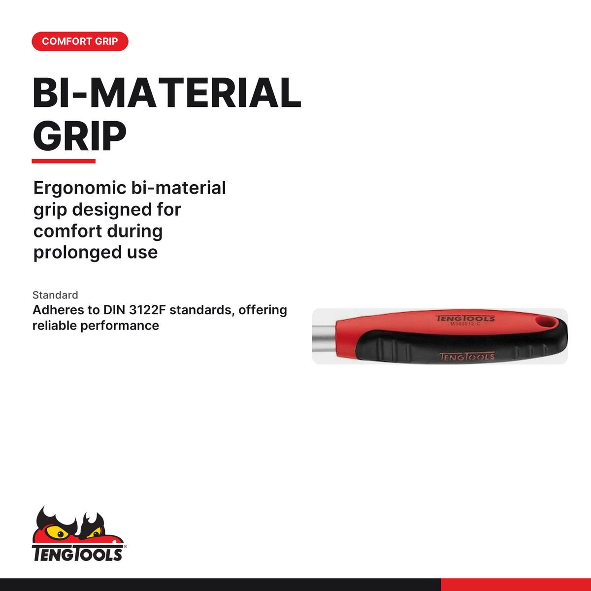 Teng Tools M380012-C 3/8 Drive Flex Handle Breaker Bar 300 mm (11.8 in), ergonomic bi-material grip designed for comfort