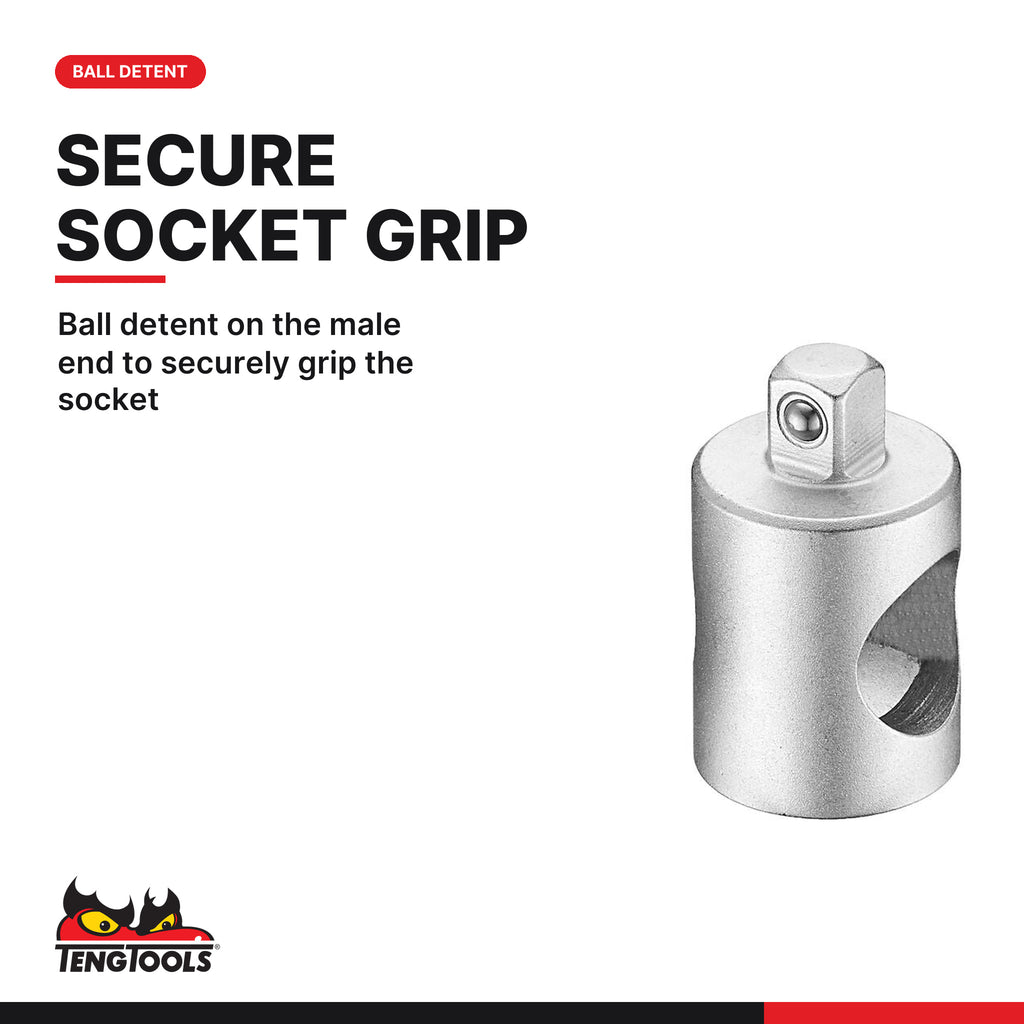 Teng Tools M380035A-C Reducing Adaptor 3/8"F, ball detent on the male end to securely grip the socket