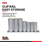 Teng Tools M3807 3/8" Deep Socket Clip Rail Set 6 pt 7 Pieces, supplied with a clip rail with socket clips for easy storage