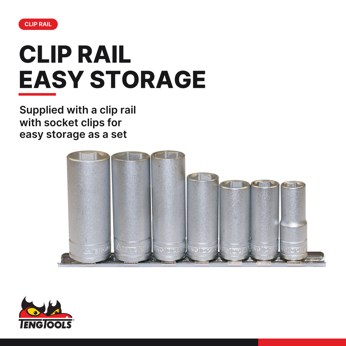 Teng Tools M3807 3/8" Deep Socket Clip Rail Set 6 pt 7 Pieces, supplied with a clip rail with socket clips for easy storage