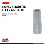 Teng Tools M3807 3/8" Deep Socket Clip Rail Set 6 pt 7 Pieces, long sockets for extra reach