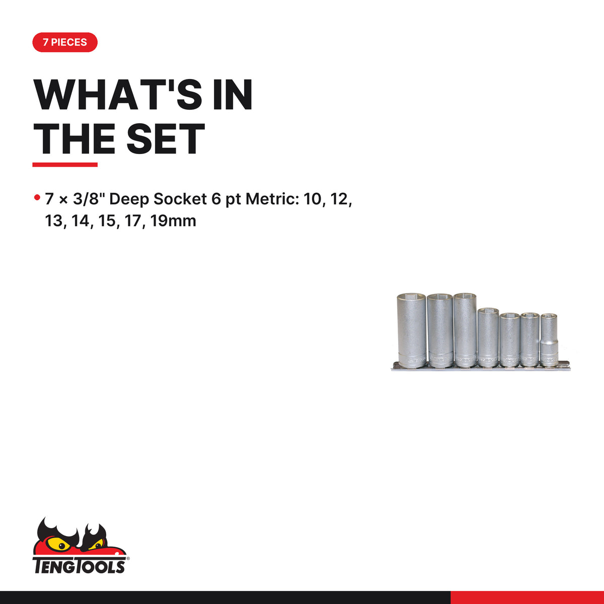 Teng Tools M3807 3/8" Deep Socket Clip Rail Set 6 pt 7 Pieces, what's in the set