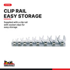 Teng Tools M3808MM 3/8" Crow Foot Wrench Clip Rail Set 8 Pieces, supplied with a clip rail with socket clips for easy storage