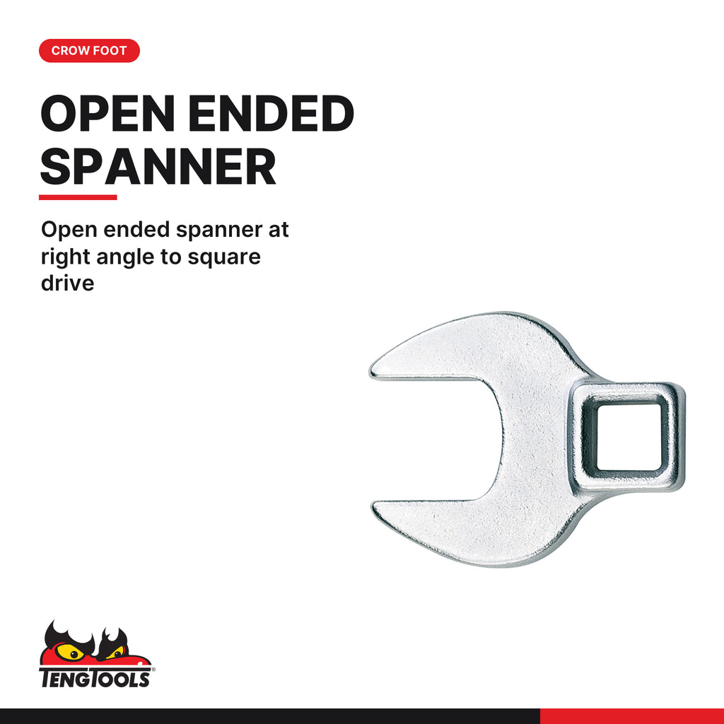 Teng Tools M3808MM 3/8" Crow Foot Wrench Clip Rail Set 8 Pieces, open ended spanner at right angle to square drive